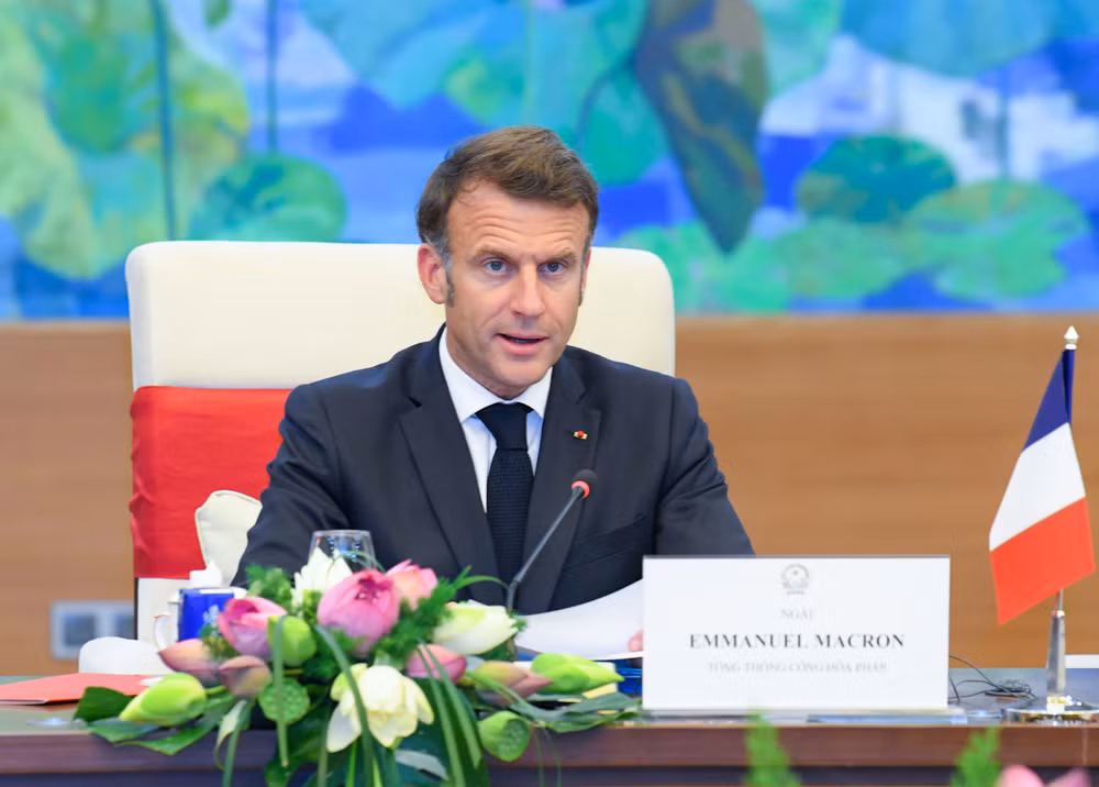 Tổng thống Pháp Emmanuel Macron phát biểu tại hội kiến. (Ảnh: Đăng Anh)