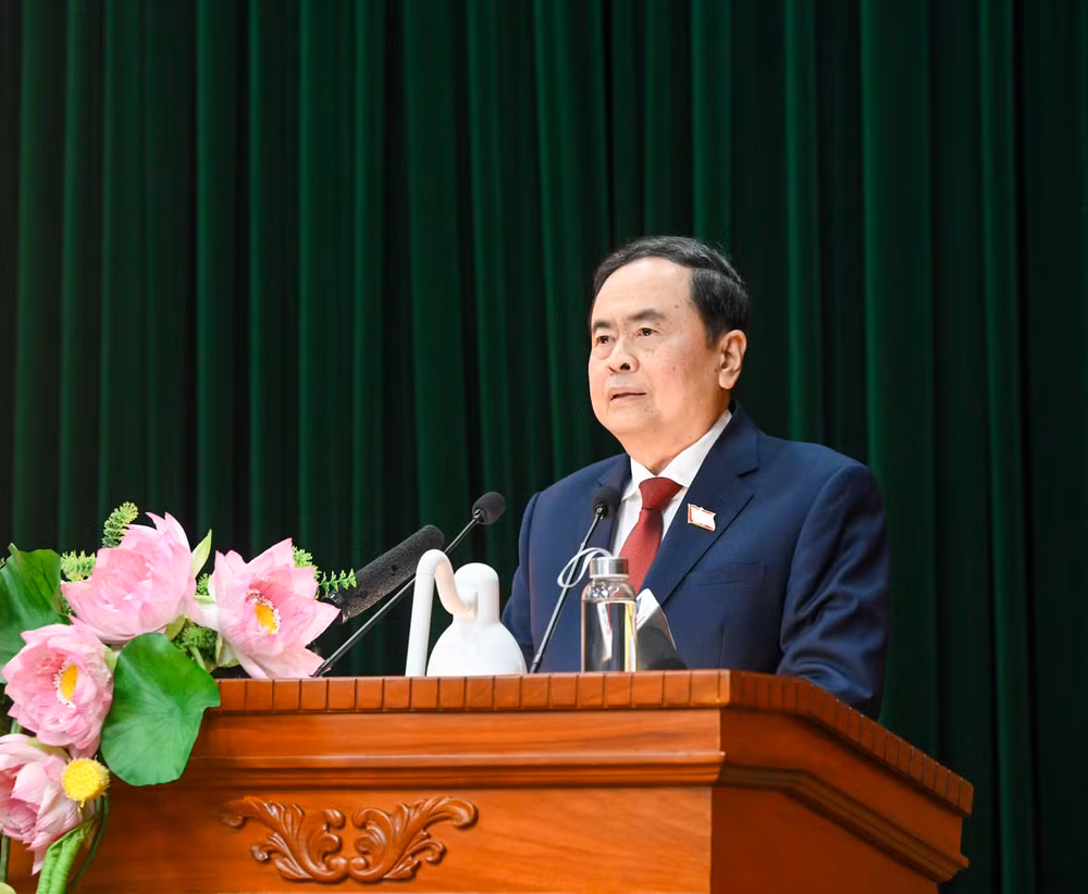 Chủ tịch Quốc hội Trần Thanh Mẫn phát biểu tại cuộc gặp. (Ảnh: DUY LINH)