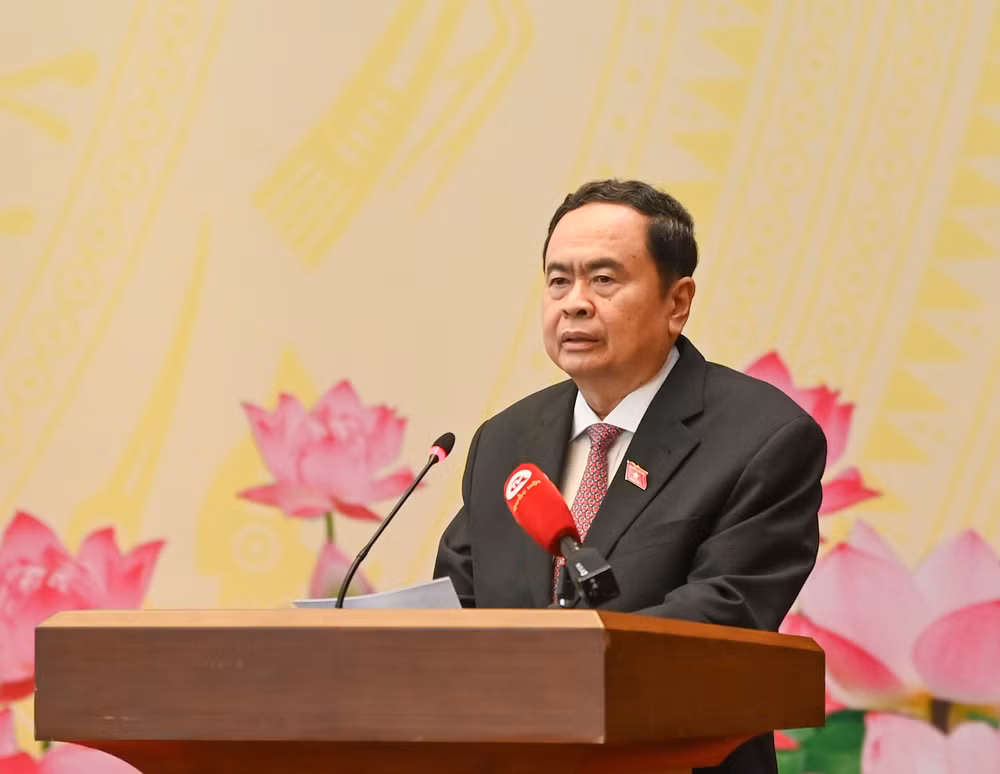 Chủ tịch Quốc hội Trần Thanh Mẫn phát biểu tại cuộc gặp mặt. (Ảnh: DUY LINH)