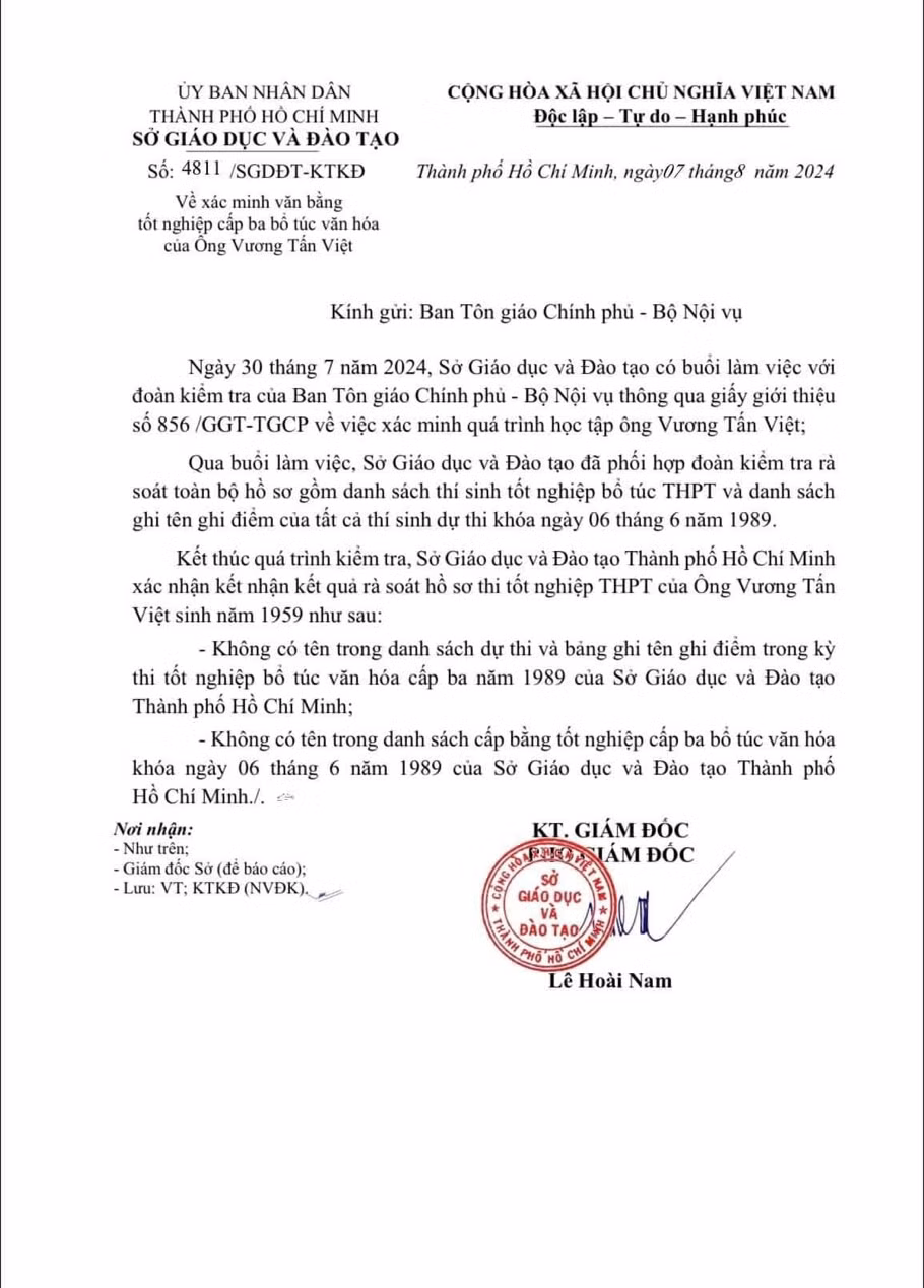 Văn bản của Sở Giáo dục và Đào tạo Thành phố Hồ Chí Minh gửi Ban Tôn giáo Chính phủ, Bộ Nội vụ.