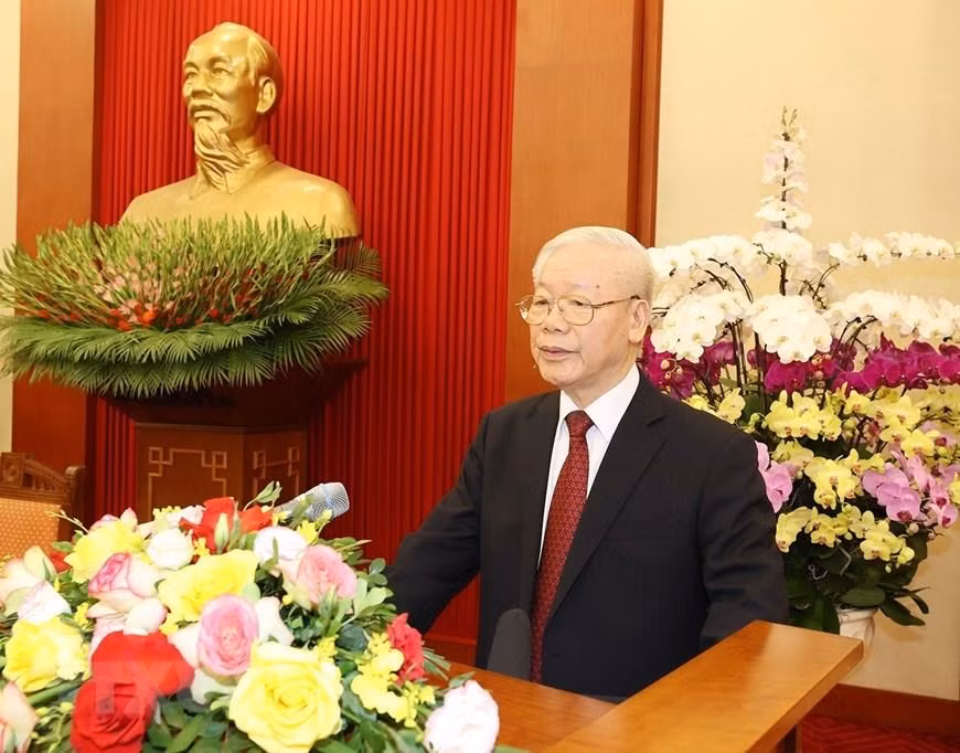 Tổng Bí thư Nguyễn Phú Trọng, Bí thư Quân ủy Trung ương phát biểu tại buổi gặp mặt các đại biểu Đại hội Đoàn Thanh niên Cộng sản Hồ Chí Minh Quân đội lần thứ X. (Ảnh: TTXVN)