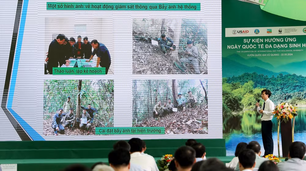 Đại diện Vườn Quốc gia Vũ Quang báo cáo công tác bảo vệ đa dạng sinh học.