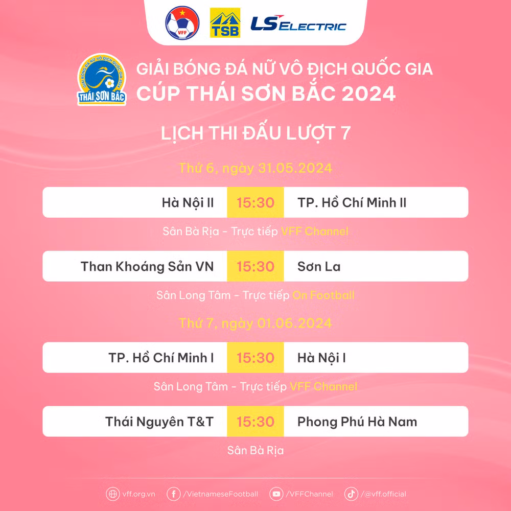 Lịch thi đấu lượt 7 Giải bóng đá nữ vô địch quốc gia. (Ảnh: VFF) Lịch thi đấu lượt 7 Giải bóng đá nữ vô địch quốc gia. (Ảnh: VFF)