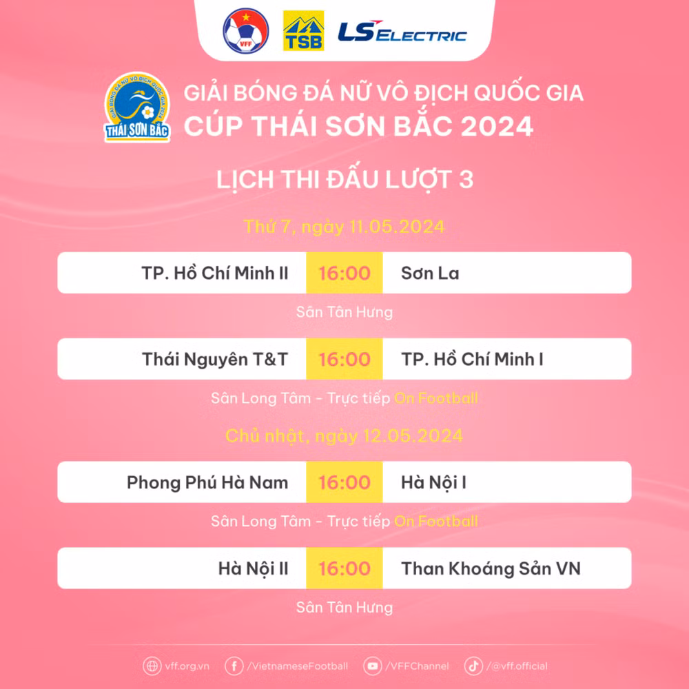 Lịch thi đấu lượt 3 Giải bóng đá nữ vô địch quốc gia năm 2024.