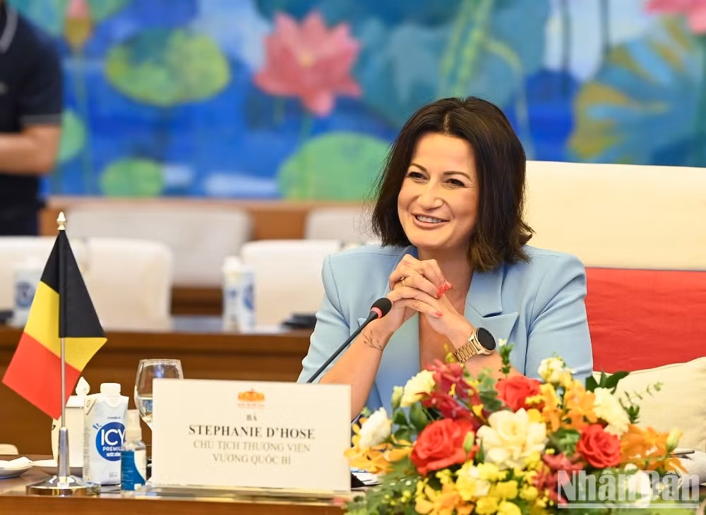 Chủ tịch Thượng viện Vương quốc Bỉ Stephanie D’Hose phát biểu tại buổi hội đàm. (Ảnh: DUY LINH)