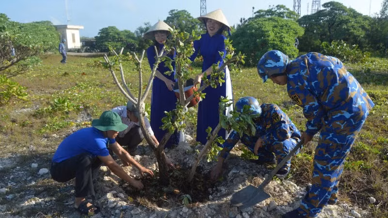 Quân và dân Trường Sa hưởng ứng Tết trồng cây.