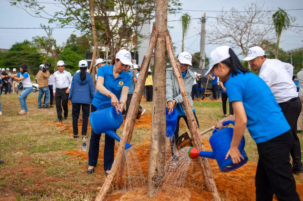 Các đại biểu và cán bộ hội viên, phụ nữ tham gia trồng cây