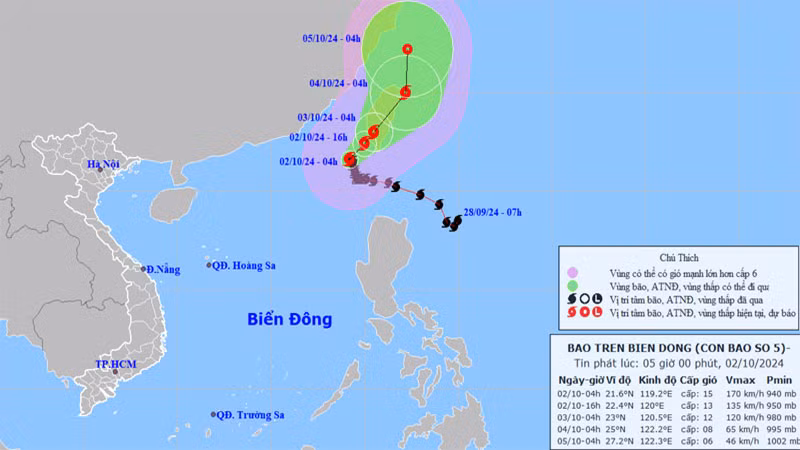 Vị trí và hướng di chuyển của bão số 5. (Nguồn: nchmf.gov.vn)