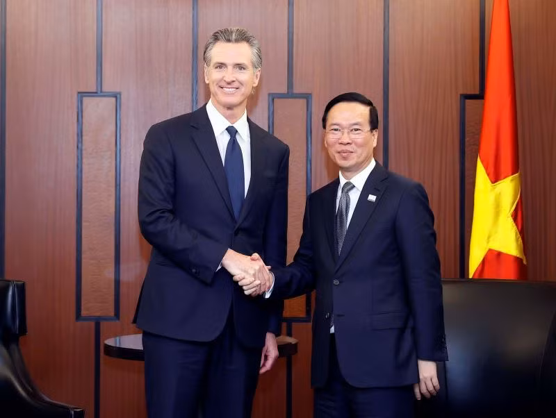 Chủ tịch nước Võ Văn Thưởng tiếp ông Gavin Newsom, Thống đốc bang California, Hoa Kỳ. (Ảnh: Thống Nhất/TTXVN)
