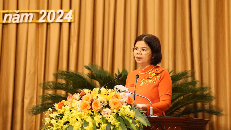 Đồng chí Nguyễn Hương Giang, Chủ tịch Hội đồng nhân dân tỉnh phát biểu.