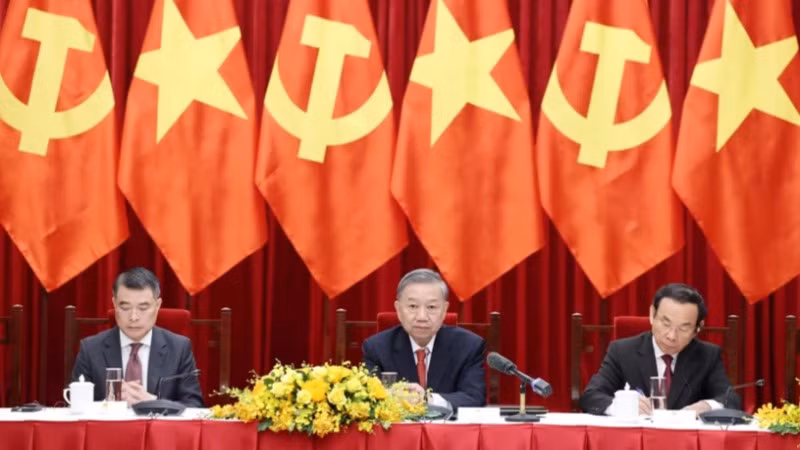Tổng Bí thư Tô Lâm cùng các đồng chí Lãnh đạo Đảng chủ trì buổi tiếp. (Ảnh: Thống Nhất/TTXVN)