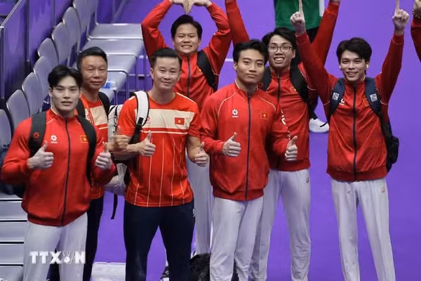 Đội tuyển thể dục dụng cụ Việt Nam tại Asian Games 20. (Ảnh: TTXVN phát)