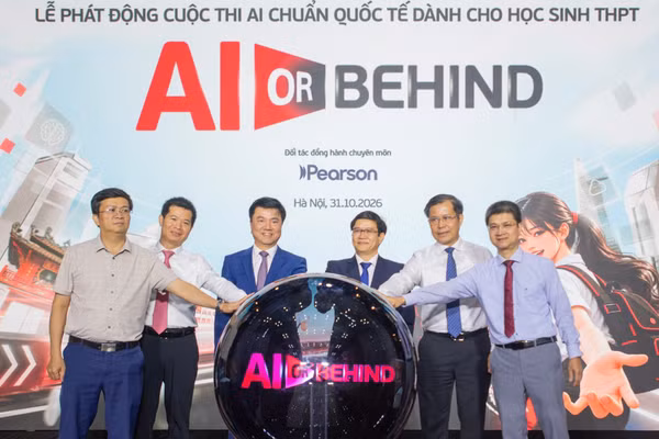 Các đại biểu thực hiện nghi thức phát động Cuộc thi AI or Behind. ( Ảnh: HÀ LINH)