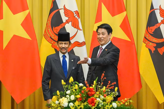 Chủ tịch nước Lương Cường và Quốc vương Brunei tại hội đàm (ảnh Thủy Nguyên)