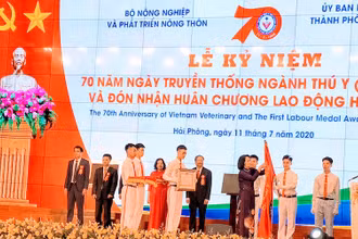 Phó Chủ tịch nước Đặng Thị Ngọc Thịnh gắn Huân chương Lao động hạng Nhất lên cờ truyền thống của ngành thú y Việt Nam.