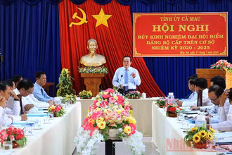 Phó Bí thư Thường trực Tỉnh ủy Cà Mau (đứng) chủ trì cuộc họp rút kinh nghiệm sau đại hội điểm cấp trên cơ sở.