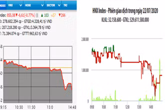 Diễn biến VN-Index và HNX-Index, phiên giao dịch ngày 22-7. 