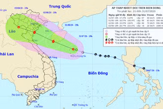 Vị trí và hướng di chuyển của áp thấp nhiệt đới. (Nguồn: nchmf.gov.vn)