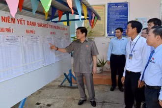  Đồng chí Bùi Văn Cường, Ủy viên Trung ương Đảng, Ủy viên Ủy ban Thường vụ Quốc hội, Trưởng Đoàn giám sát của Ủy ban Thường vụ Quốc hội kiểm tra việc niêm yết danh sách cử tri tại phường Xuân An, TP Phan Thiết.