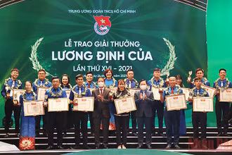 Đồng chí Trần Tuấn Anh và đồng chí Nguyễn Anh Tuấn trao Giải thưởng Lương Định Của năm 2021 tặng các thanh niên nông thôn tiêu biểu.