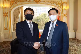 Chủ tịch Quốc hội Vương Đình Huệ tiếp Nghị sĩ Đảng Dân chủ cầm quyền Choi Jae-sung. (Ảnh: Anh Nguyên/TTXVN)