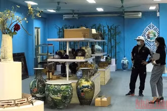Một số sản phẩm thủ công mỹ nghệ ngành mây tre đan - sừng mỹ nghệ được trưng bày, giới thiệu tại triển lãm.