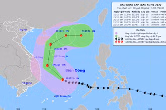 Vị trí và hướng di chuyển của bão số 9 lúc 20 giờ ngày 18/12. (Nguồn: nchmf.gov.vn)