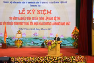 Tổng Bí thư Nguyễn Phú Trọng phát biểu ý kiến tại Lễ kỷ niệm 190 năm thành lập tỉnh Hưng Yên.