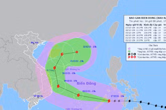 Vị trí và hướng di chuyển của bão Rai lúc 14 giờ ngày 17/12. (Nguồn: nchmf.gov.vn)