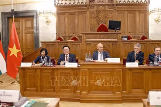 Chủ tịch Quốc hội Vương Đình Huệ và Chủ tịch Quốc hội Hungary dự Tọa đàm lập pháp. (Ảnh: Doãn Tấn/TTXVN)