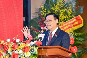 Chủ tịch Quốc hội Vương Đình Huệ phát biểu ý kiến tại buổi làm việc. (Ảnh Duy Linh).