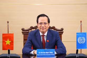 Bộ trưởng Lao động-Thương binh và Xã hội Đào Ngọc Dung phát biểu trực tuyến tại ILC 110 (Ảnh: Molisa).