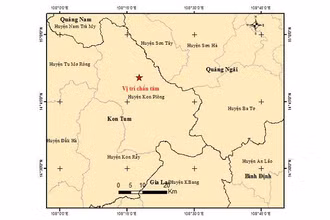 Bản đồ tâm chấn trận động đất thứ nhất, xảy ra tại huyện Kon Plông, tỉnh Kon Tum sáng ngày 1/6/2022. (Ảnh: Viện Vật lý địa cầu)