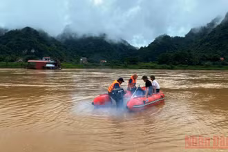 Nhân lực cùng phương tiện tìm kiếm nạn nhân đuối nước trên sông Mã.