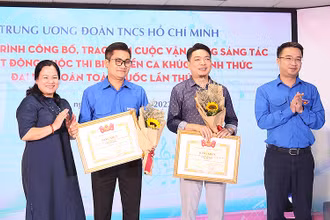 Bí thư Trung ương Đoàn Nguyễn Tường Lâm (ngoài cùng bên phải) trao phần thưởng tặng các tác giả ca khúc “Sứ mệnh thanh niên”.