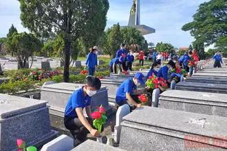 Thay hoa sen mới tại các phần mộ liệt sĩ.