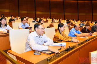 Đại biểu Quốc hội bấm nút biểu quyết thông qua Nghị quyết về phê chuẩn quyết toán ngân sách nhà nước năm 2020. (Ảnh: LINH KHOA NGUYÊN)
