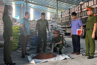 Đại diện các cơ quan chức năng kiểm tra, thu giữ phân bón giả.