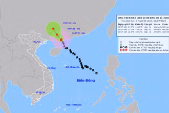 Vị trí và hướng di chuyển của bão số 1 lúc 16 giờ ngày 2/7. (Nguồn: nchmf.gov.vn)