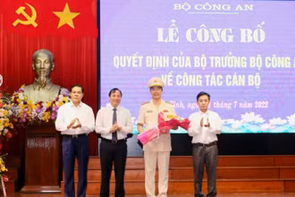 Các đồng chí Thường trực Tỉnh ủy Hà Tĩnh tặng hoa chúc mừng tân Giám đốc Công an Hà Tĩnh. 