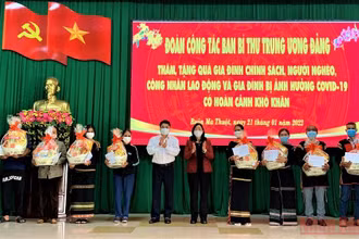 Đồng chí Bùi Thị Minh Hoài tặng quà Tết cho các gia đình chính sách, người nghèo, công nhân lao động và gia đình bị ảnh hưởng bởi dịch Covid-19.