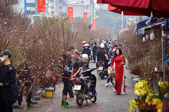 Đâu đó là hình ảnh thiếu nữ với tà áo dài đỏ đi giữa cảnh tập nập ở chợ hoa Quảng Bá. (Ảnh: Thành Đạt)