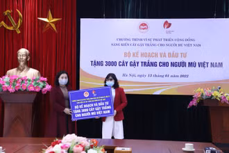 Chủ tịch Công đoàn Bộ Kế hoạch và Đầu tư Lê Thị Tường Thu trao quà cho Hội Người mù Việt Nam. 