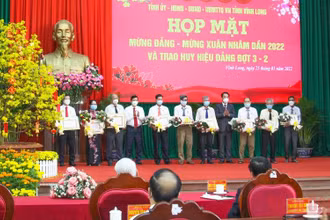 Lãnh đạo tỉnh Vĩnh Long trao huy hiệu Đảng cho những bậc cao niên tuổi Đảng. (Ảnh: Bá Dũng) 