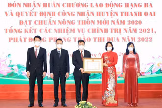 Phó Bí thư Thường trực Thành ủy Hà Nội Nguyễn Thị Tuyến trao quyết định công nhận huyện đạt chuẩn nông thôn mới năm 2020 cho lãnh đạo huyện Thanh Oai. (Ảnh: Ngọc Ánh)