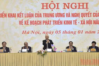 Tổng Bí thư Nguyễn Phú Trọng dự và chỉ đạo Hội nghị trực tuyến của Chính phủ với các địa phương tổng kết công tác năm 2021, triển khai nhiệm vụ, giải pháp chủ yếu năm 2022. (Ảnh: TRẦN HẢI)