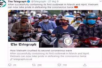 Telegraph chia sẻ bài báo ca ngợi công tác phòng chống dịch Covid-19 của Việt Nam trên tài khoản Twitter chính thức của tờ báo này. 