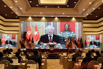Tổng Bí thư, Chủ tịch nước Nguyễn Phú Trọng phát biểu chào mừng hội nghị bằng hình thức trực tuyến. (Ảnh: Duy Linh)