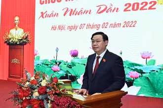 Chủ tịch Quốc hội Vương Đình Huệ phát biểu tại buổi gặp mặt. (Ảnh: DUY LINH)