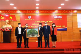 Tổng Biên tập Báo Nhân Dân Lê Quốc Minh trao bức tranh lưu niệm cho lãnh đạo tỉnh Lào Cai.